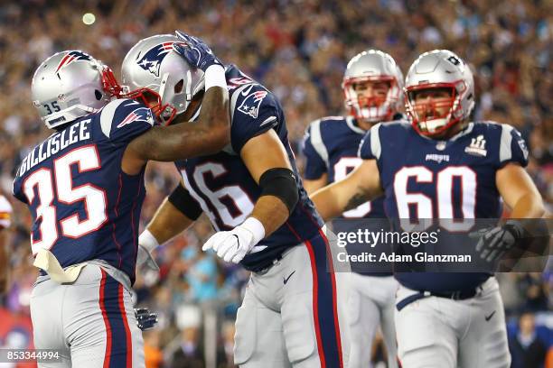 Mike Gillislee of the New England Patriots reacts after scoring a touchdown during the first quarter against the Kansas City Chiefs at Gillette...