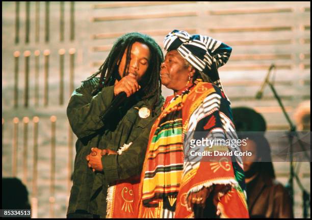 Photo of Cedella MARLEY and Stephen MARLEY, Cedella Booker Marley and her grandson Stephen Marley performing on stage at the One Love Bob Marley...