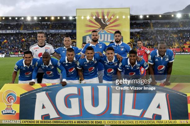 Players of Millonarios pose for a team photo prior to a match between Millonarios and Deportivo Pasto as part of Liga Aguila II at the Nemesio...