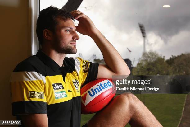 Toby Nankervis poses in front of the MCG light tower during a Richmond Tigers AFL media oportunity at Punt Road Oval on September 25, 2017 in...