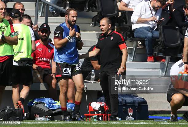 Frederic Michalak of LOU and head coach of LOU Pierre Mignoni during the Top 14 match between Lyon Olympique Universitaire and Castres Olympique at...
