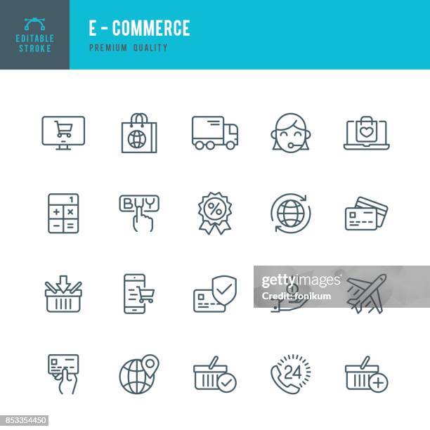 stockillustraties, clipart, cartoons en iconen met e - commerce - dunne lijn icon set - online winkelen