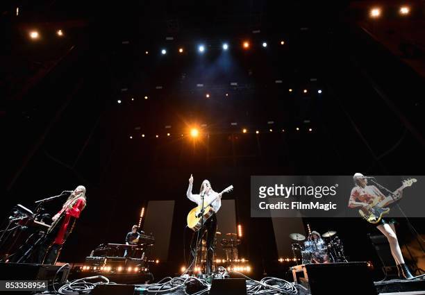 Alana Haim, Danielle Haim, and Este Haim of HAIM perform on Ambassador Stage during day 3 of the 2017 Life Is Beautiful Festival on September 24,...