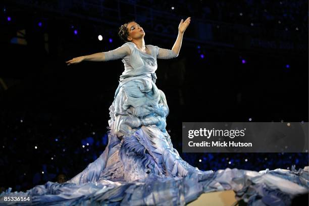 Photo of BJORK; Bjork performing on stage at the opening of the 2004 Athens Olympics