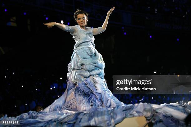 Photo of BJORK; Bjork performing on stage at the opening of the 2004 Athens Olympics