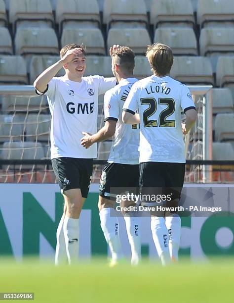 Port Vale's Jordan Hugill celebrates scoring his team's first goal during the Sky Bet League One match at Vale Park, Stoke On Trent.