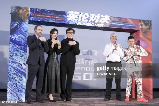 Actress Liu Tao, actor Jackie Chan, director Martin Campbell and rapper MC Jin attend a press conference of film "The Foreigner" on September 24,...