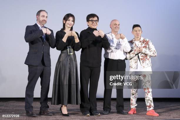 Actress Liu Tao, actor Jackie Chan, director Martin Campbell and rapper MC Jin attend a press conference of film "The Foreigner" on September 24,...