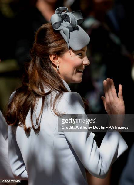 The Duke and Duchess of Cambridge leave the Easter Sunday Church Service at St Andrew's Cathedral, Sydney during the fourteenth day of their official...