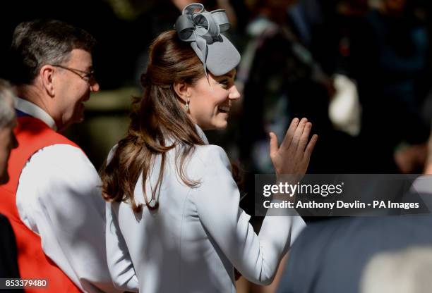 The Duke and Duchess of Cambridge leave the Easter Sunday Church Service at St Andrew's Cathedral, Sydney during the fourteenth day of their official...