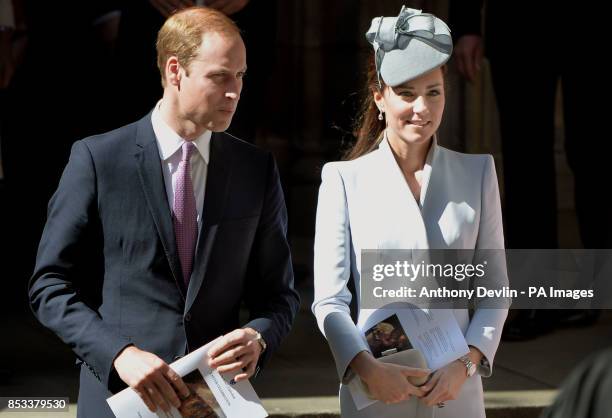 The Duke and Duchess of Cambridge leave the Easter Sunday Church Service at St Andrew's Cathedral, Sydney during the fourteenth day of their official...