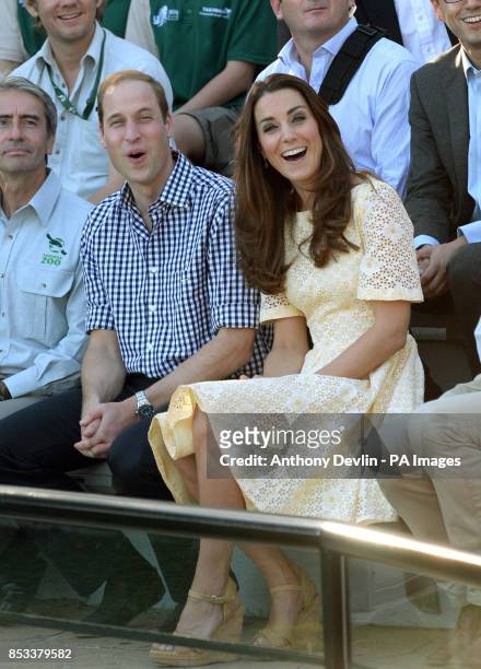 The Duke and Duchess of Cambridge reacts as they watch Ripley the Barking Owl during a visit to Taronga zoo Sydney during the fourteenth day of their...