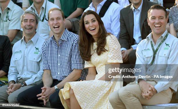 The Duke and Duchess of Cambridge reacts as they watch Ripley the Barking Owl during a visit to Taronga zoo Sydney during the fourteenth day of their...