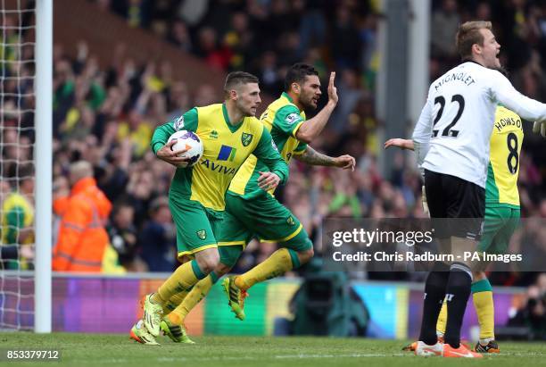 Norwich City's Gary Hooper celebrates scoring his side's first goal
