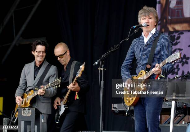 Photo of CROWDED HOUSE and Mark HART and Nick SEYMOUR and Neil FINN, L-R Mark Hart, Nick Seymour and Mark Hart performing on the Pyramid Stage