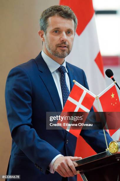 Crown Prince Frederik of Denmark holds a speech during the Official inauguration of the new SDC-building on September 25, 2017 at the Yanqi Lake,...