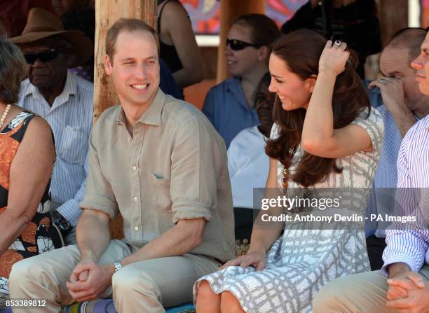 The Duke and Duchess of Cambridge view a 'Welcome to Country' display at Uluru-Kata Tjuta Cultural Centre, Uluru, during the sixteenth day of their...
