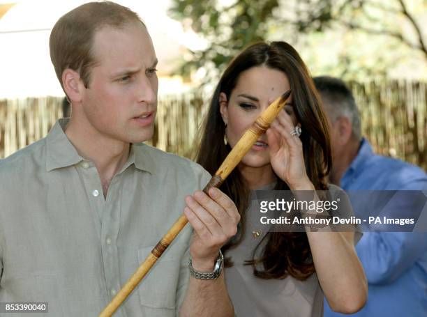 The Duchess of Cambridge reacts to a fly on her face as the Duke and Duchess of Cambridge are presented with a spear during a visit to the National...