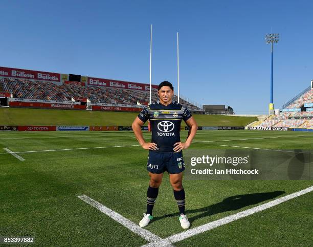 Jason Taumalolo of the Cowboys poses during a North Queensland Cowboys NRL media opportunity at Cowboys HQ on September 25, 2017 in Townsville,...