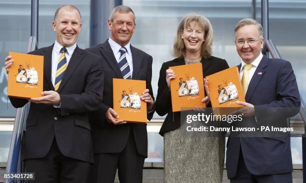 Chief Executive Stewart Regan, Scottish FA President Campbell Ogilvie, Cabinet Secretary for Commonwealth Games Shona Robison, and Leader of Glasgow...