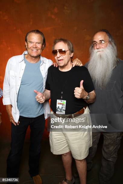 Photo of WRECKING CREW and Hal BLAINE and Glen CAMPBELL and Leland SKLAR, Posed portrait of L-R Glen Campbell, Hal Blaine and Leland Sklar at the...