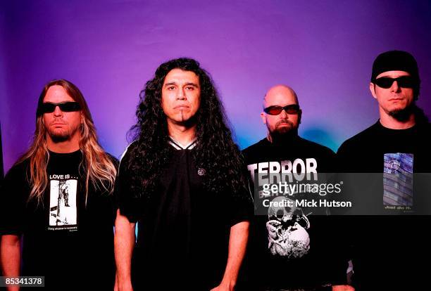 Photo of Kerry KING and SLAYER and Jeff HANNEMAN and Dave LOMBARDO and Tom ARAYA; L-R: Jeff Hanneman,Tom Araya, Kerry King, Dave Lombardo - posed,...