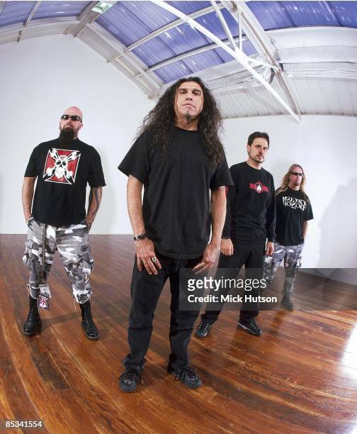 Photo of Kerry KING and SLAYER and Jeff HANNEMAN and Dave LOMBARDO and Tom ARAYA; L-R: Kerry King,Tom Araya, Dave Lombardo, Jeff Hanneman - posed,...
