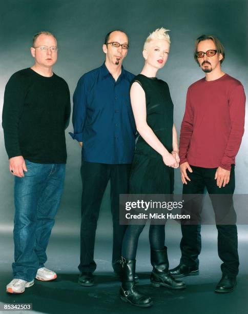 Photo of Butch VIG and GARBAGE and Steve MARKER and Duke ERIKSON and Shirley MANSON; L-R: Steve Marker, Duke Erikson, Shirley Manson, Butch Vig -...