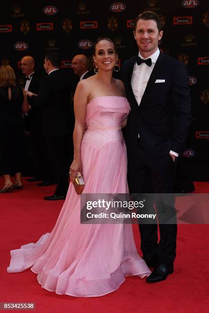 Patrick Dangerfield arrives with wife Mardi Dangerfield ahead of the 2017 Brownlow Medal at Crown Entertainment Complex on September 25, 2017 in...