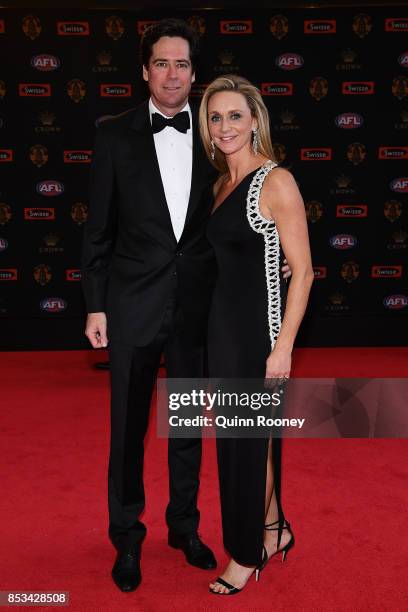 Gillon McLachlan and wife Laura McLachlan arrive ahead of the 2017 Brownlow Medal at Crown Entertainment Complex on September 25, 2017 in Melbourne,...