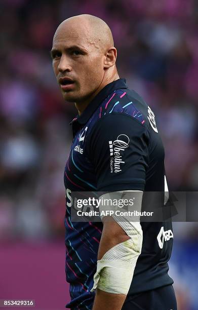 Stade Francais Paris' Italian Number Eight Sergio Parisse reacts during the French Top 14 rugby union match between Stade Francais and Toulon at the...