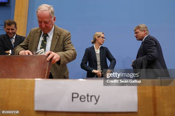 Leading members of the right-wing Alternative for Germany Alexander Gauland , Alice Weidel and Joerg Meuthen depart following a press conference...