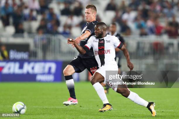 Yannis Salibur of Guingamp and Lukas Lerager of Bordeaux during the Ligue 1 match between FC Girondins de Bordeaux and EA Guingamp at Stade Matmut...