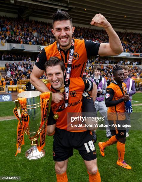 Wolverhampton Wanderers' Sam Ricketts and Danny Batth, celebrate after the Sky Bet League One match at Molineux, Wolverhampton.