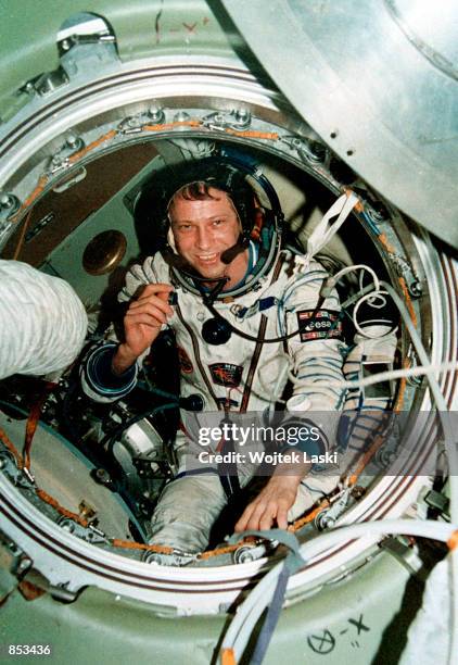 In this file photo from 1995, German astronaut Thomas Reiter, of the European Space Agency, prepares to return to Earth while aboard the Russian Mir...