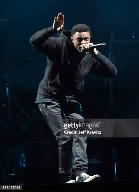 Vince Staples performs with Gorillaz on Downtown Stage during day 3 of the 2017 Life Is Beautiful Festival on September 24, 2017 in Las Vegas, Nevada.