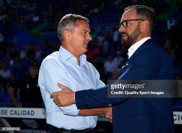 Fran Escriba manager of Villarreal and Jose Bordalas manager of Getafe greet prior to the La Liga match between Getafe and Villarreal at Coliseum...