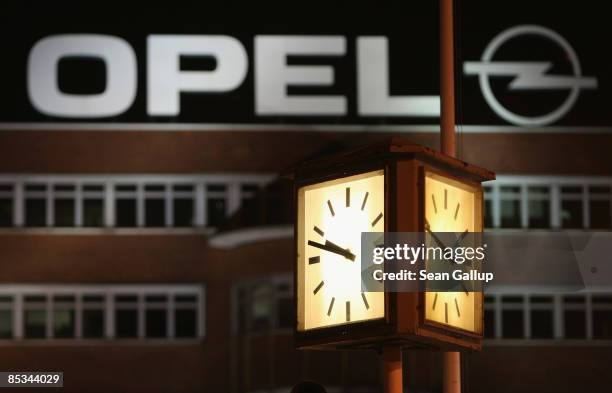 Clock stands outside the Opel Werk I factory of German automaker Opel on March 10, 2009 in Bochum, Germany. Opel, owned by General Motors, employs...