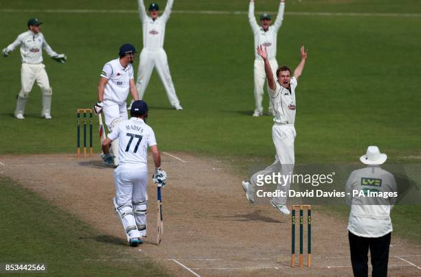 Worcestershire's Charles Morris traps Derbyshire's Billy Godleman lbw for 10 during day four of the LV= County Championship, Division Two match at...