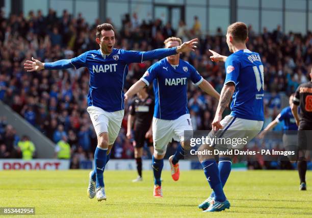 Chesterfield's Sam Hird celebrates scoring their first goal during the Sky Bet League Two match at the Proact Stadium, Chesterfield.