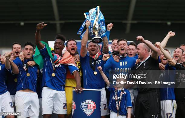 Chesterfield celebrate winning the Sky Bet League Two at the Proact Stadium, Chesterfield.