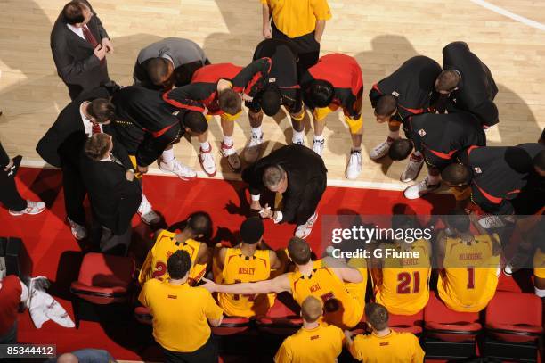 Head coach Gary Williams of the Maryland Terrapins talks to his team during a time out in the game against the Miami Hurricanes at the Comcast Center...