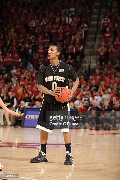 Jeff Teague of the Wake Forest Demon Deacons brings the ball up the court against the Maryland Terrapins at the Comcast Center on March 3, 2009 in...