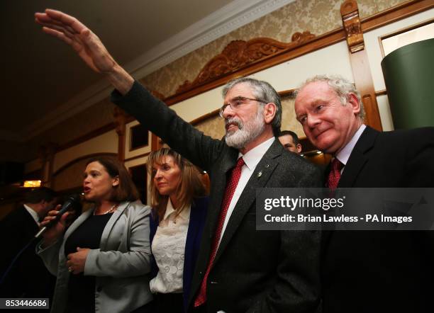Sinn Fein president Gerry Adams with Sinn Fein deputy leader Mary Lou McDonald and Northern Ireland Deputy First Minister Martin McGuinness following...