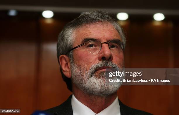 Sinn Fein president Gerry Adams during a press conference at the Balmoral Hotel, Belfast, after his release from custody at Antrim Police Station...