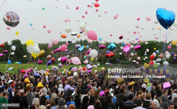 Over 500 people gather to release balloons in memory of teacher Ann Maguire who was stabbed to death by a pupil last week at Corpus Christi Roman...