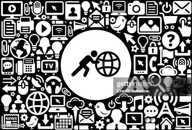 stick figure pushing globe icon black and white internet technology background - press play button stock illustrations