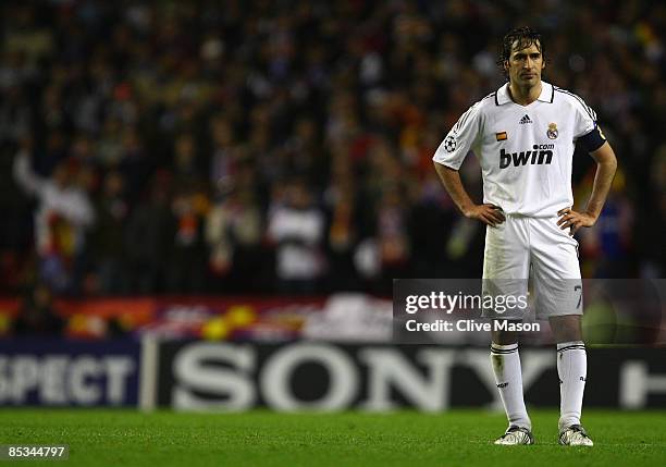 Raul of Real Madrid shows his dejection at the end of the UEFA Champions League Round of Sixteen, Second Leg match between Liverpool and Real Madrid...