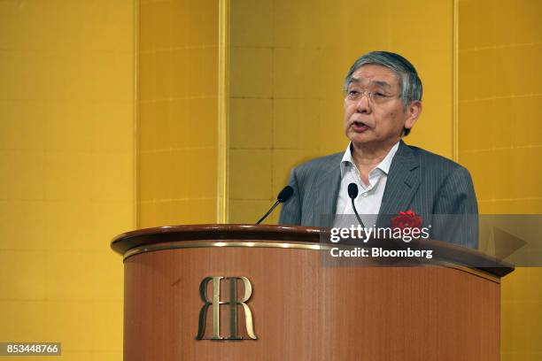 Haruhiko Kuroda, governor of the Bank of Japan , speaks during an event with business leaders in Osaka, Japan, on Monday, Sept. 25, 2017. It will...