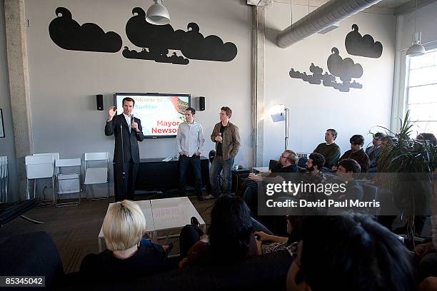 San Francisco Mayor Gavin Newsom meets with Twitter CEO Evan Williams and co-founder Biz Stone at Twitter headquarters March 10, 2009 in San...